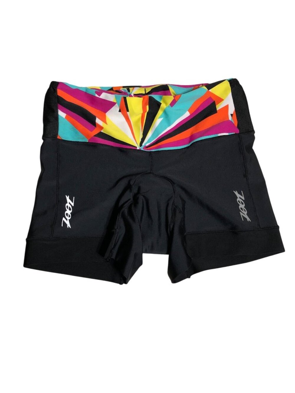 Zoot Tri Shorts Womens M Black Colorful Waistband Padded Bike Workout Athletic